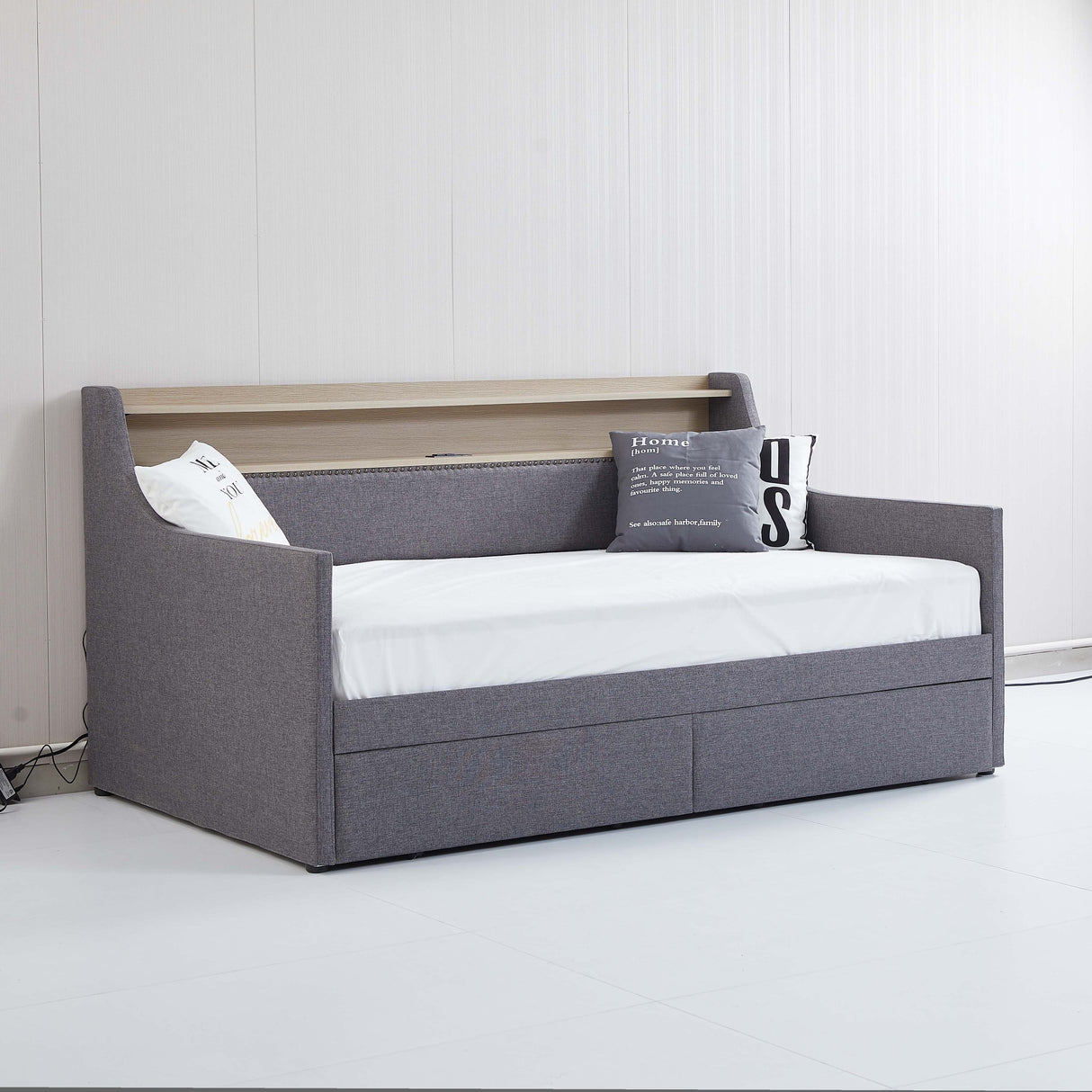 Twin Size Linen Upholstered Daybed with Storage Drawers and LED Lights