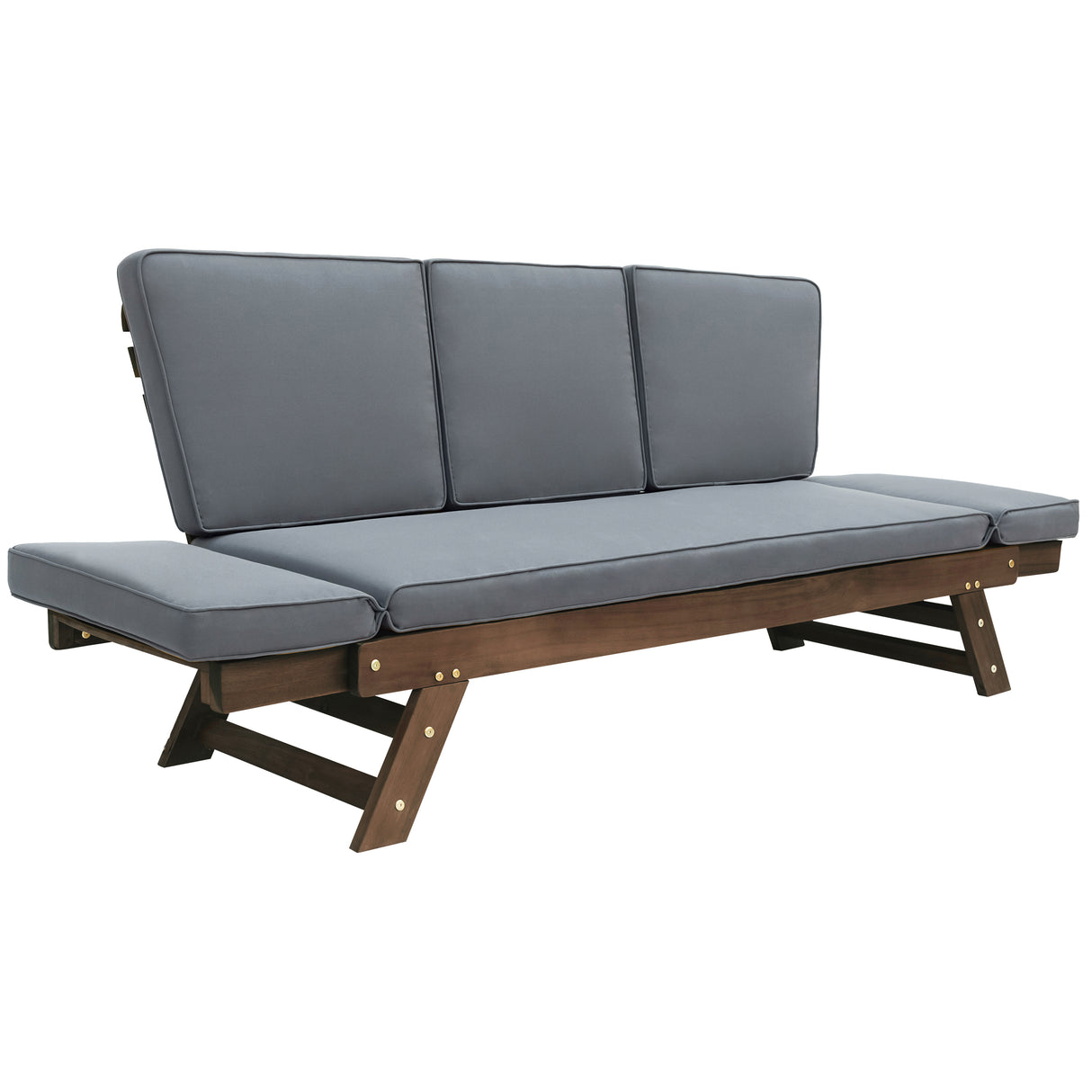 Outdoor adjustable patio wooden daybed sofa chaise lounge with cushions for small places, brown finish+gray cushion