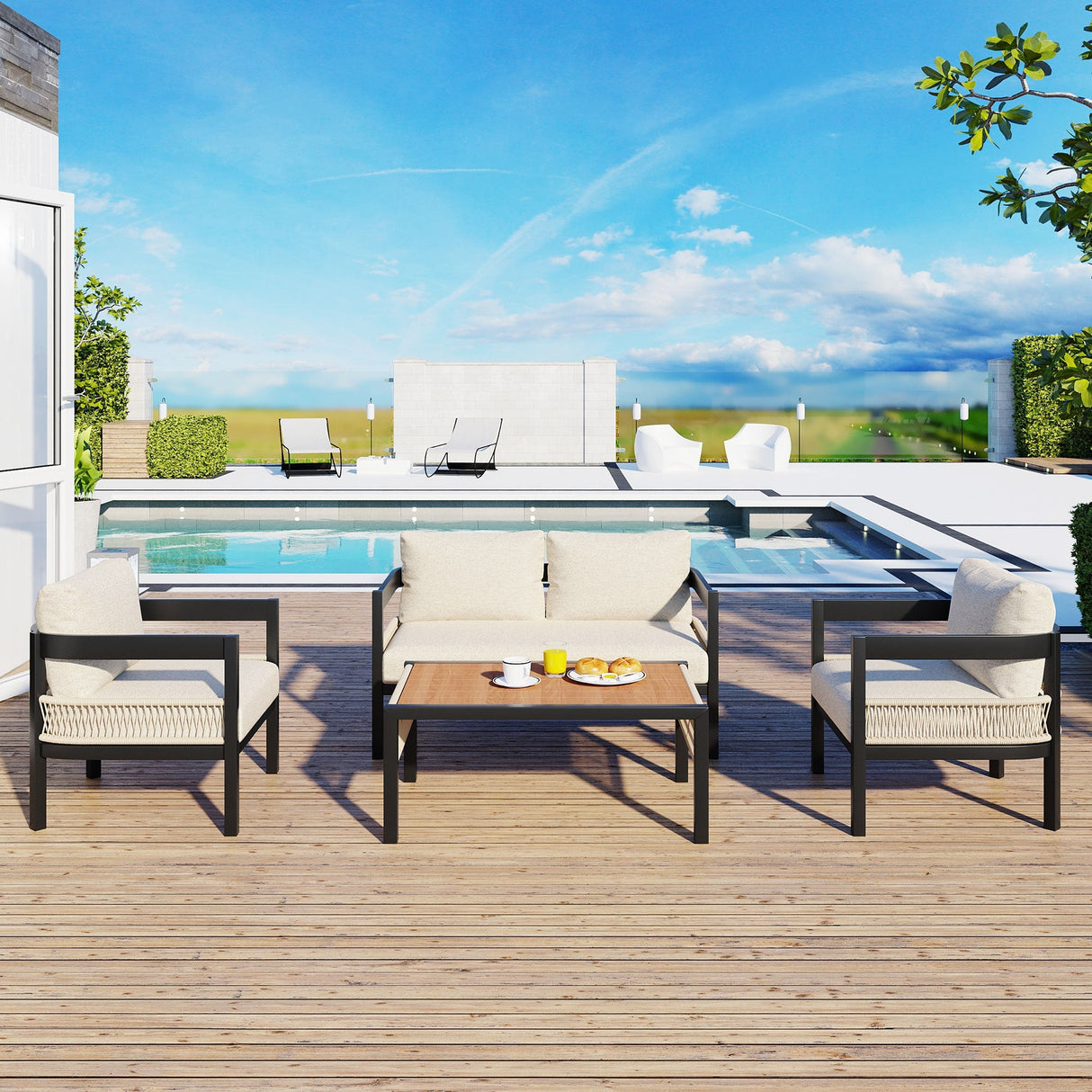 Multi-Person Outdoor Iron Sofa Set with Rattan Decoration