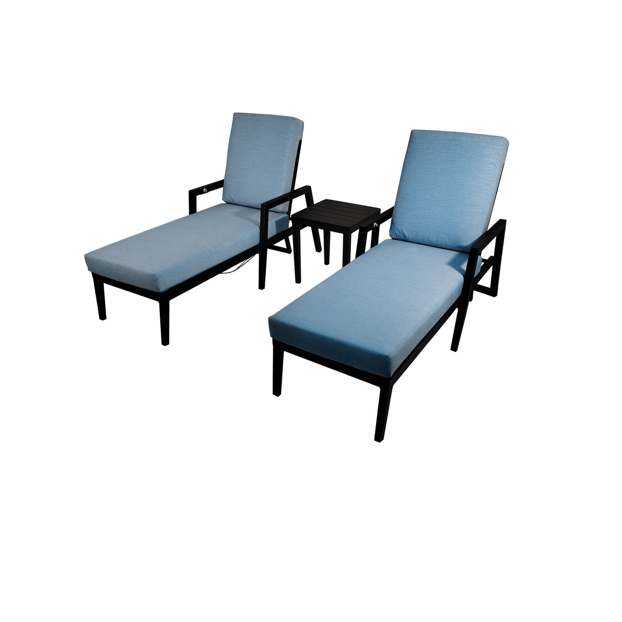 3PC Outdoor Aluminum Patio Furniture Chaise Lounge Set, 2 Chaise & 1 End Table with Modern Tapered Feet, Pneumatic Adjustable Backrest for Effortless Reclining, Wheels, Sunbrella Cushion, Ember Black