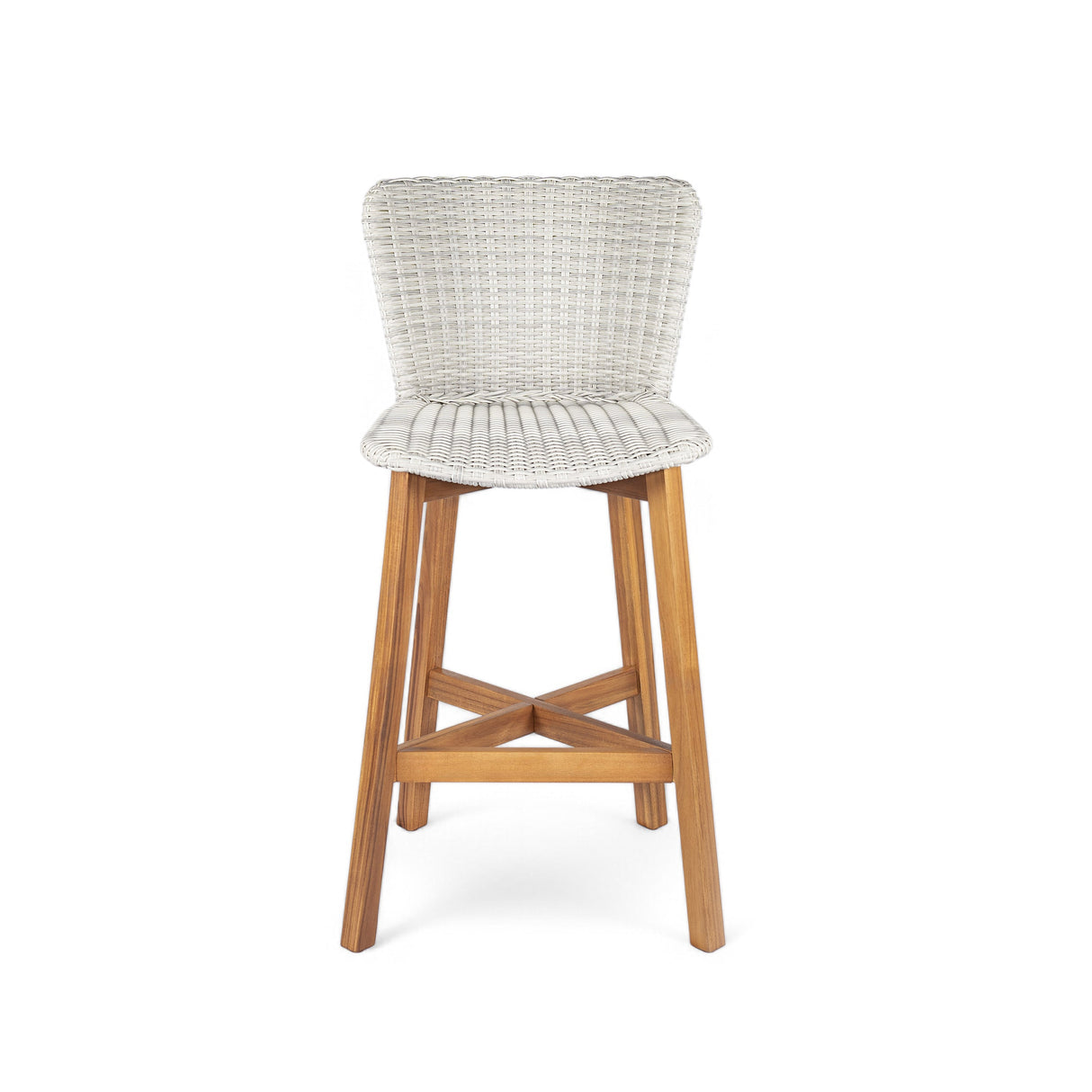Lymington Outdoor Bar Stool Set of 2, Teak Finished Wood with Light Grey Wicker