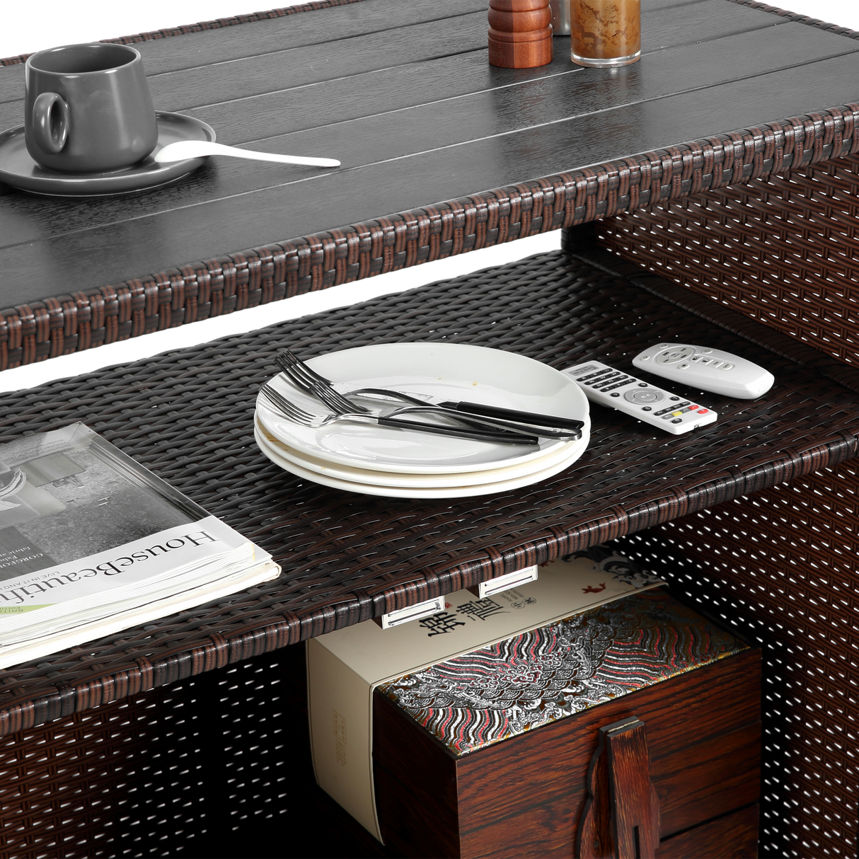 Outdoor Wicker Bar Cart with Glass Top and Wheels - Light Brown