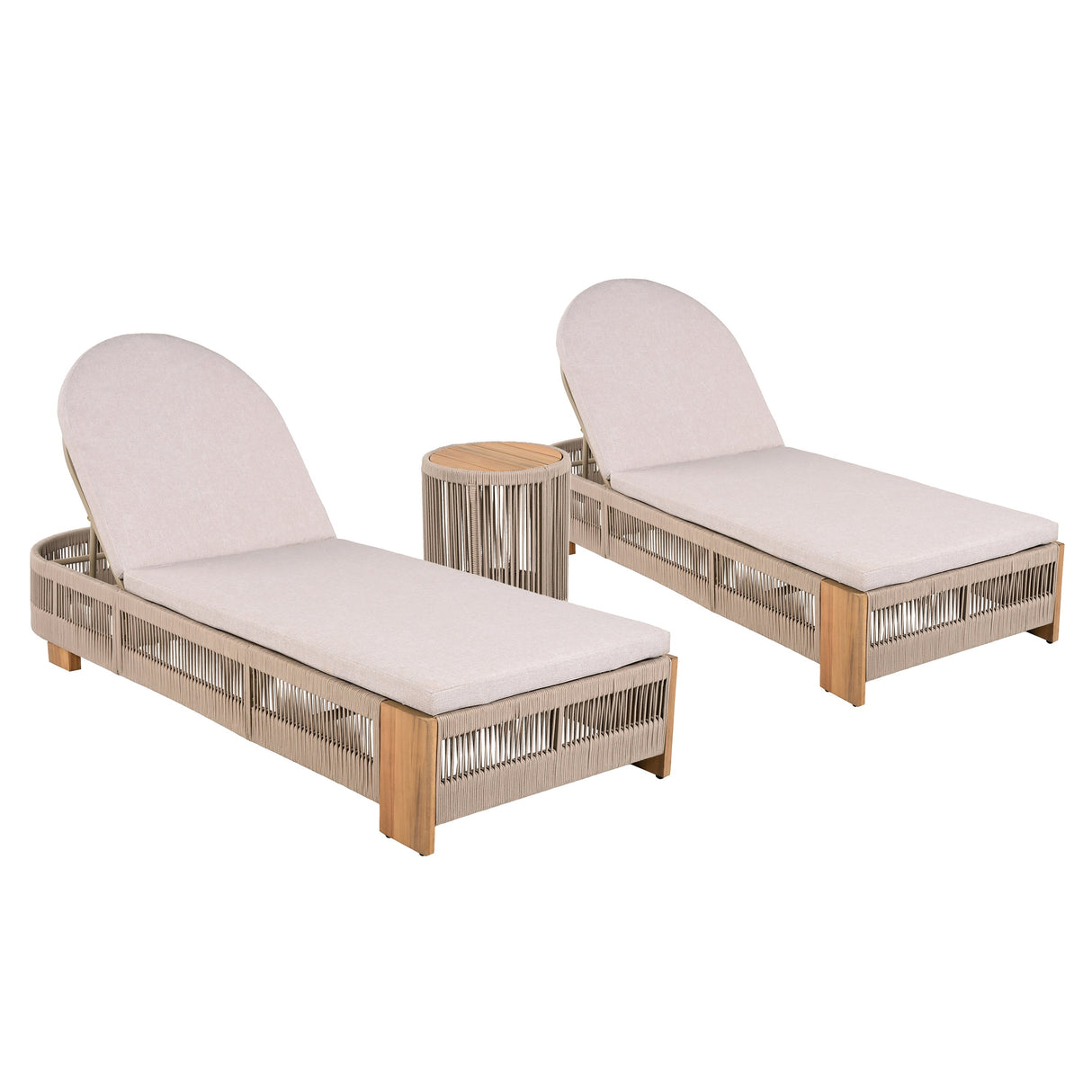 Outdoor Rope Chaise Lounge Set with Adjustable Backrest and Teak Look Side Table