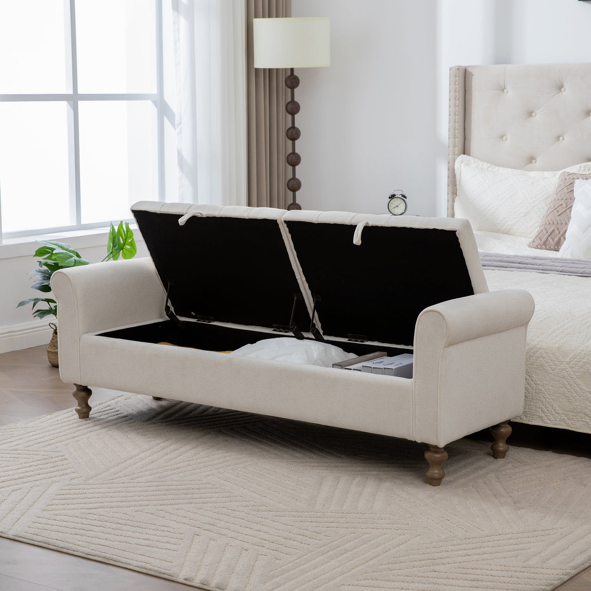 Modern Upholstered Storage Bench With Double Lids