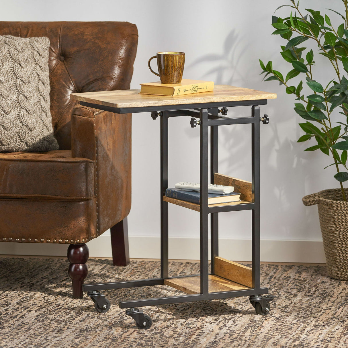 Modern Industrial Bed Laptop Table with C-Shape Design and Adjustable Height - Natural