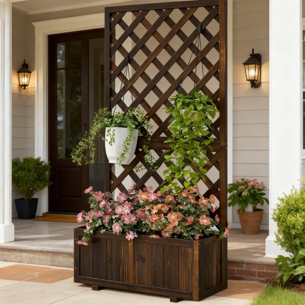 Wooden Raised Garden Bed Planter with Trellis and Drain Holes