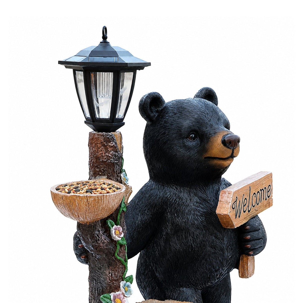 Decorative Standing Black Bear Garden Planter with Solar-Powered Lantern