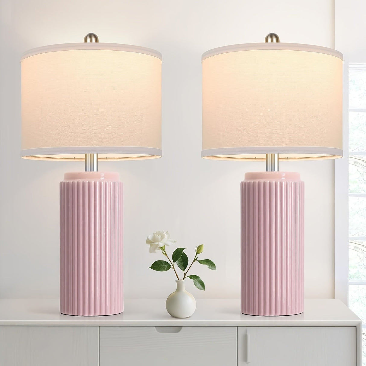 Farmhouse Table Lamps Set of 2 – Ceramic Base Bedside Lamps for Bedroom & Living