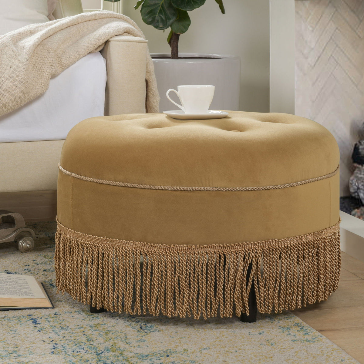Luxurious Round Upholstered Ottoman with Fringe – Yellow or Purple