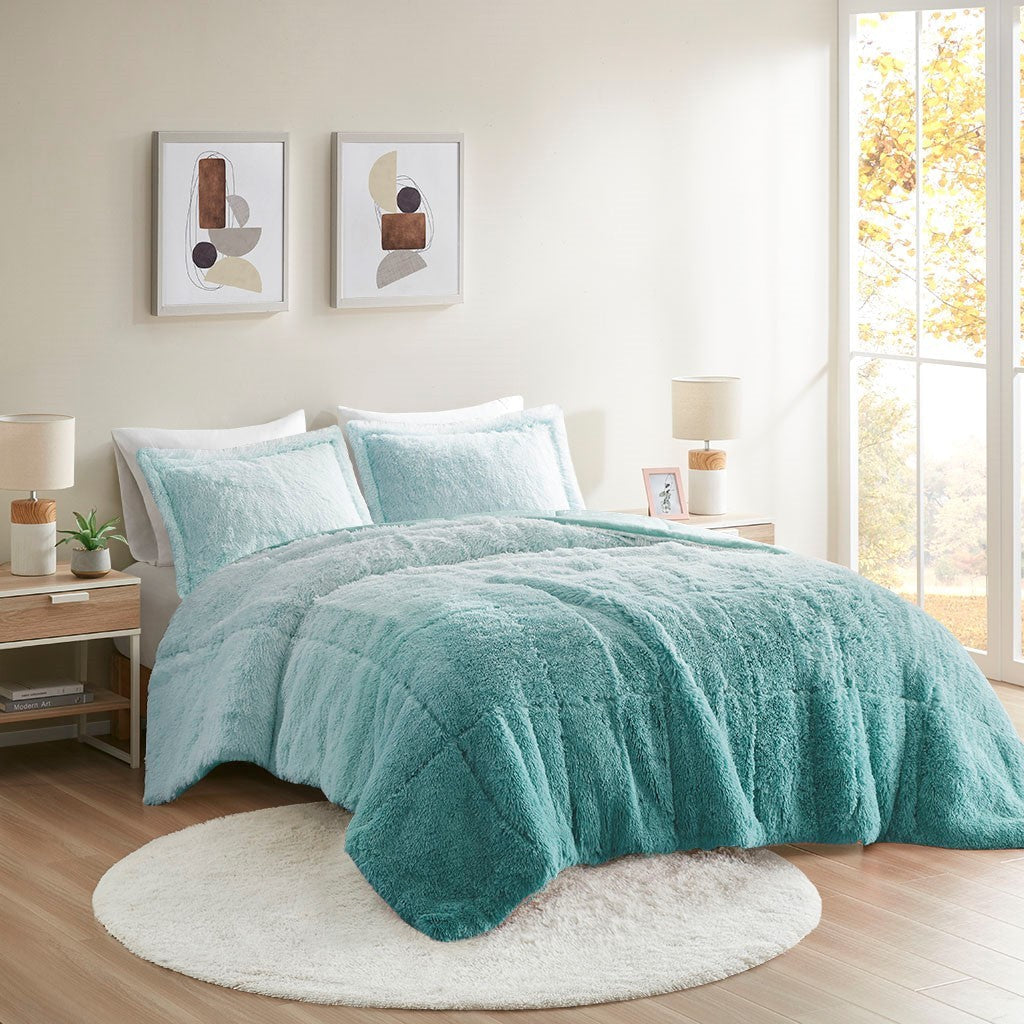 Ombre Shaggy Long Fur Comforter Set with Hypoallergenic Filling - Full/Queen