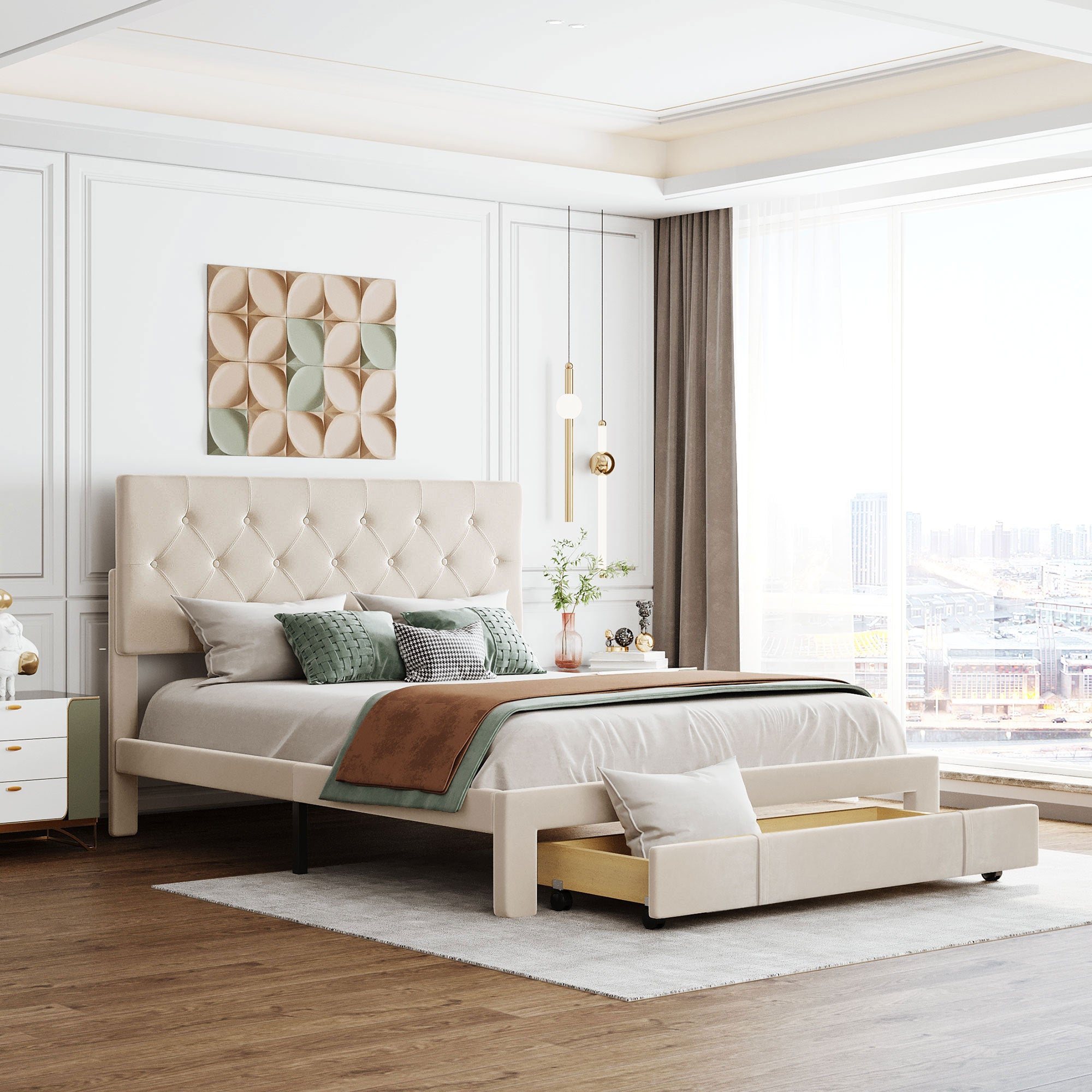 Queen-Size-Storage-Bed-Velvet-Upholstered-Platform-Bed-with-a-Big-Drawer-Beige-Beds-&-Bed-Frames