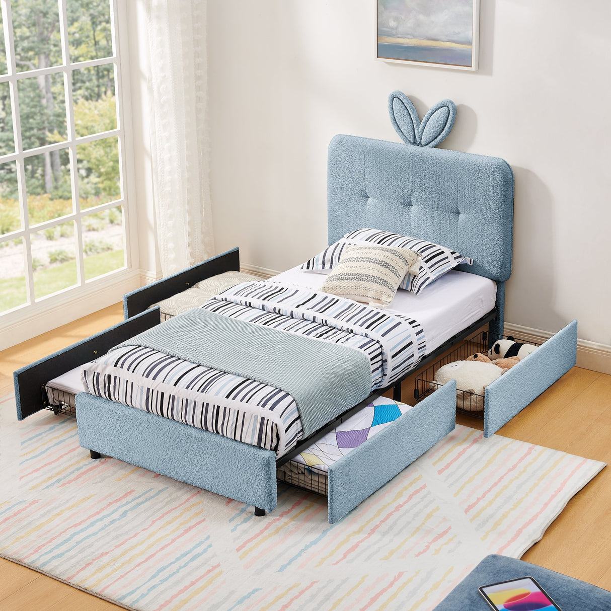 Twin Size Kids Upholstered Bed with Oversized Rabbit Ear Headboard, LED Light & 4 Storage Drawers, Boucle Fabric (79.5''X40.75''X41'')