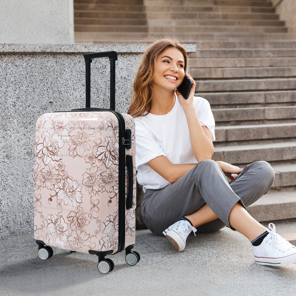 Luggage Sets New Model PC+ABS 5pcs Hardside Lightweight Durable Suitcase with Cosmetic Case and Handbag Spinner Wheels