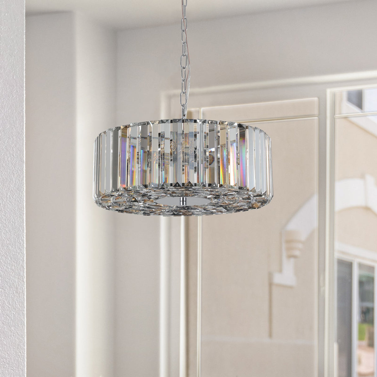 17' Chrome Crystal Pendant Chandelier, Modern Hanging Light Fixture with Adjustable Height, 4-Light E26 Base for Living Room, Dining Room, or Kitchen (No Bulbs)