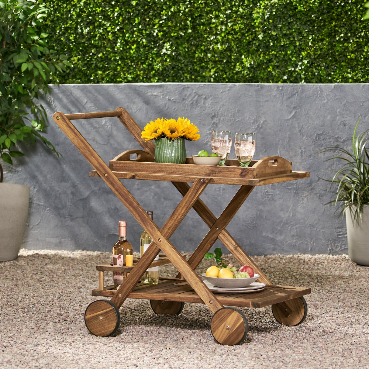 Riviera Bar Cart Natural Stained Acacia Wood Mobile Bar Cart