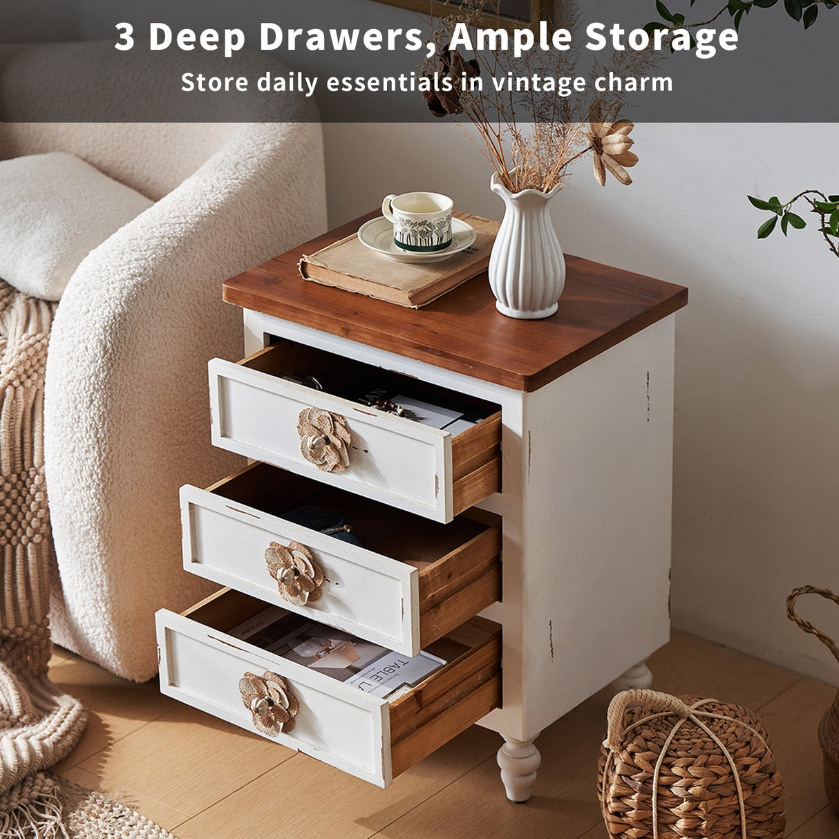 Rustic Dark Blue 3-Drawer Wooden Cabinet with Aged Finish & Floral Handles