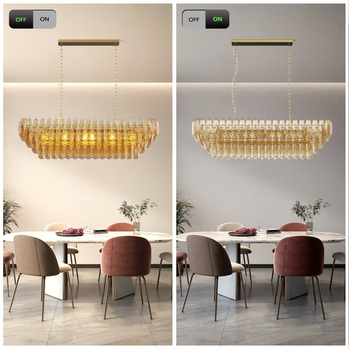 Modern Chandeliers for Dining Room, 54' Large Rectangle Gold Kitchen Chandelier Over Table, 12-Light with Smoke Glass Ceiling Lights, Farmhouse Pendant Lighting Fixture for Living Room Bedroom