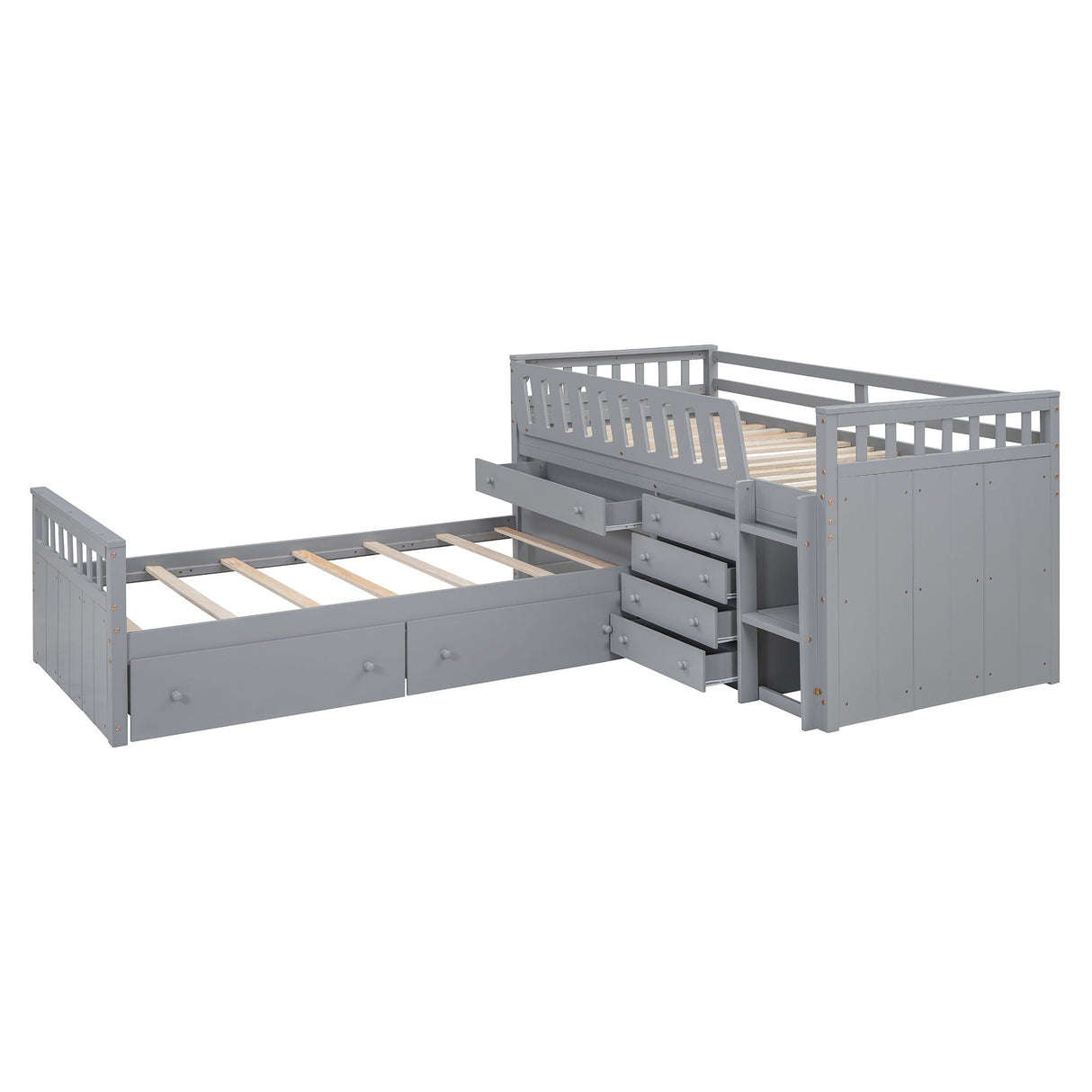 Loft Platform Bed With 7 Drawers And Full Guardrails, Modern L Shaped Space Savin