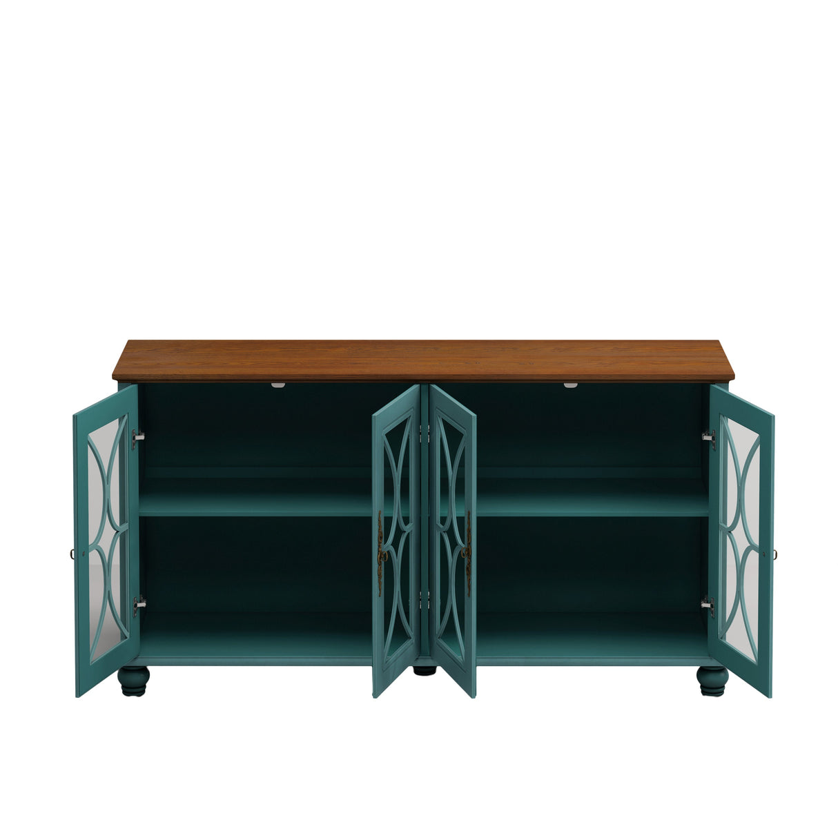 Elegant European Antique Style 4-Door Cabinet with Tempered Glass Doors, Dark Green MDF with Wood Veneer and Solid Wood Legs, 59.45L x 15.75W x 31.89H inches