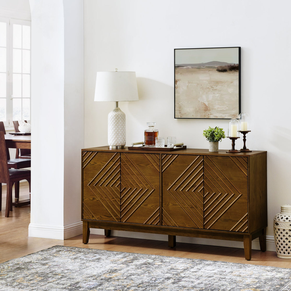 Diamond Fluted Sideboard Storage Cabinet with Adjustable Shelves