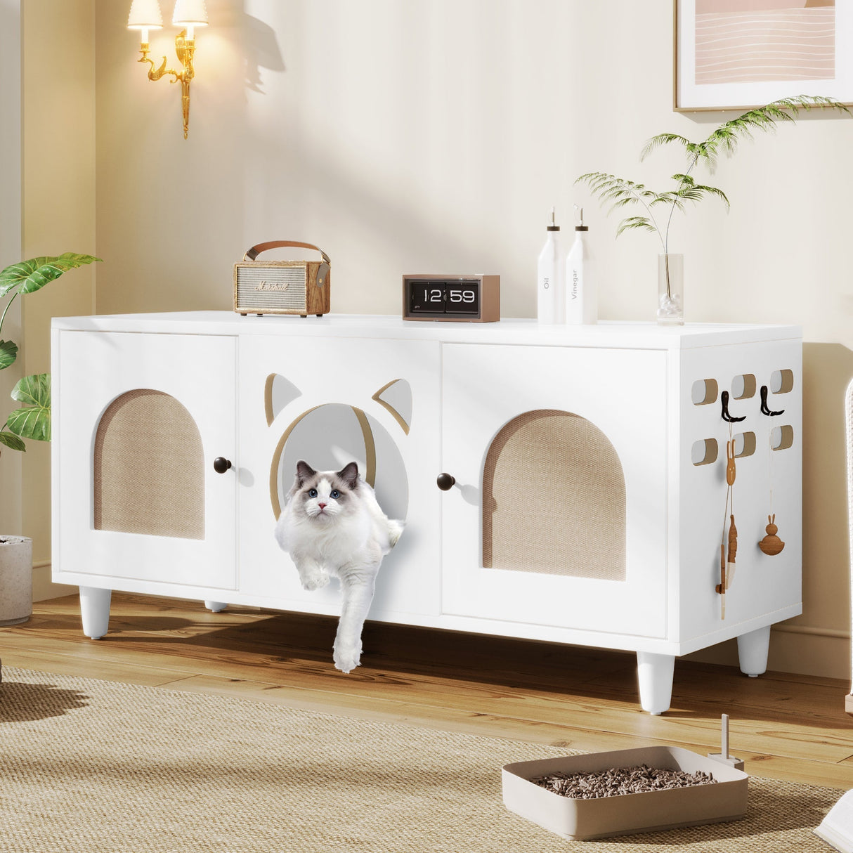 Furniture Style Cat Cabinet Cream White Cat Litter Box