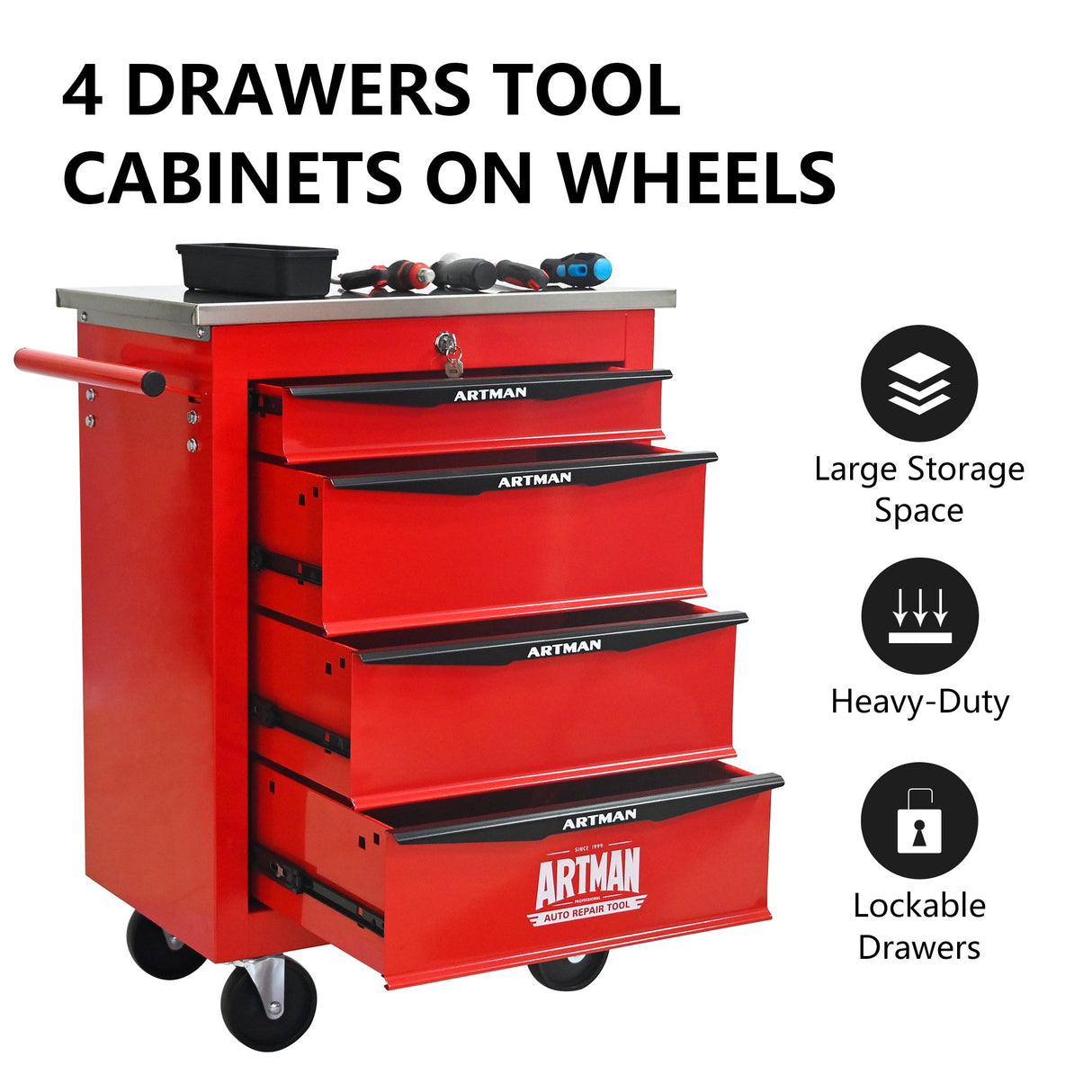 4 Drawers Multifunctional Tool Cart with Wheels, Red & Black