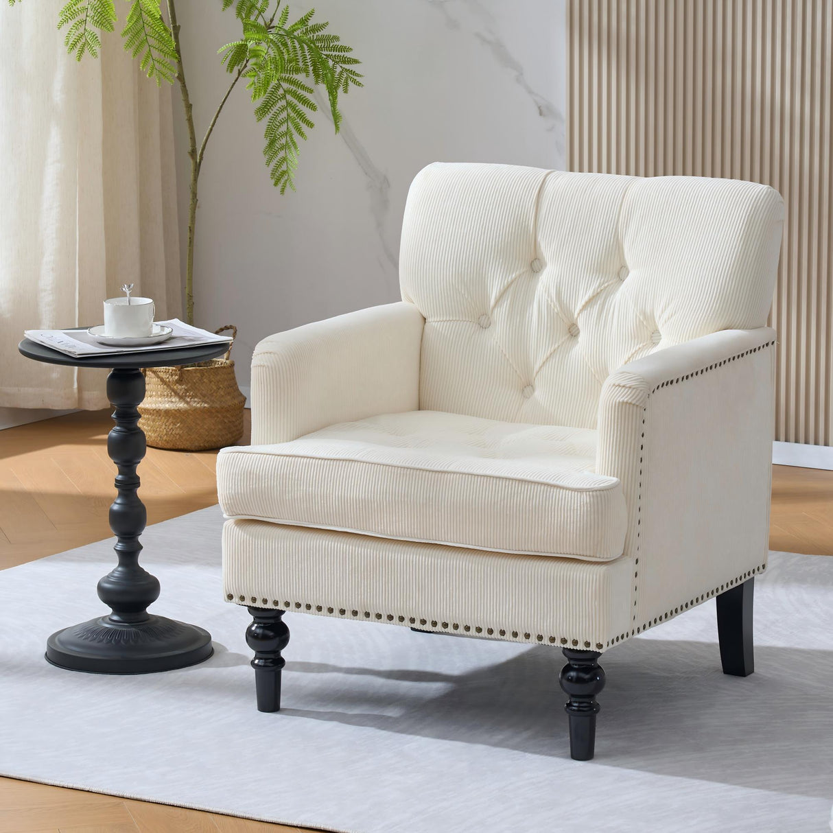 Tufted Club Chair, Upholstered Accent Armchair in Beige Corduroy