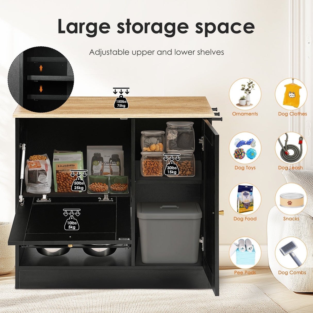 Feeding Station with 2 Lockers and Elevated Bowls - Black