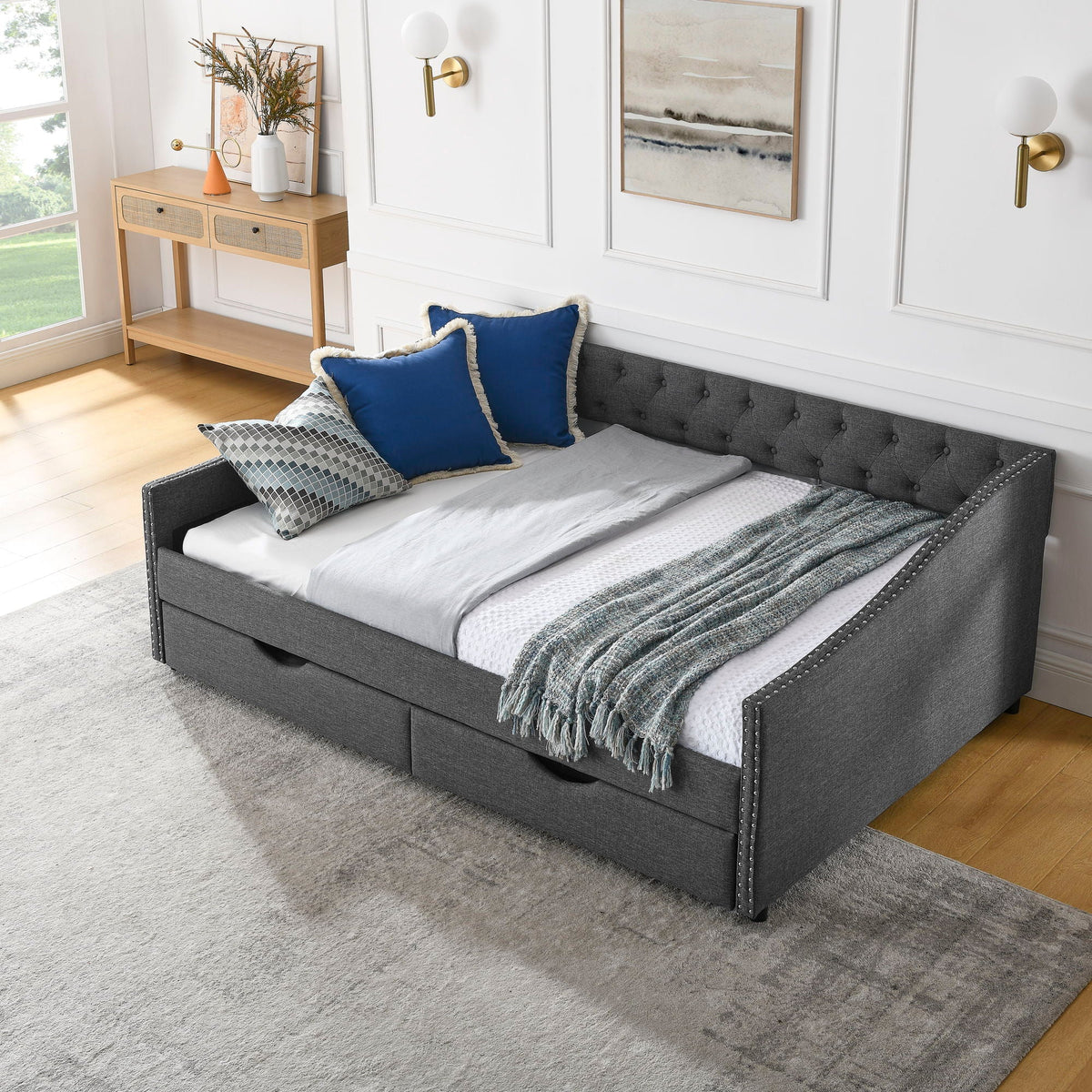 Upholstered Tufted Daybed With Drawers, Waved Arms