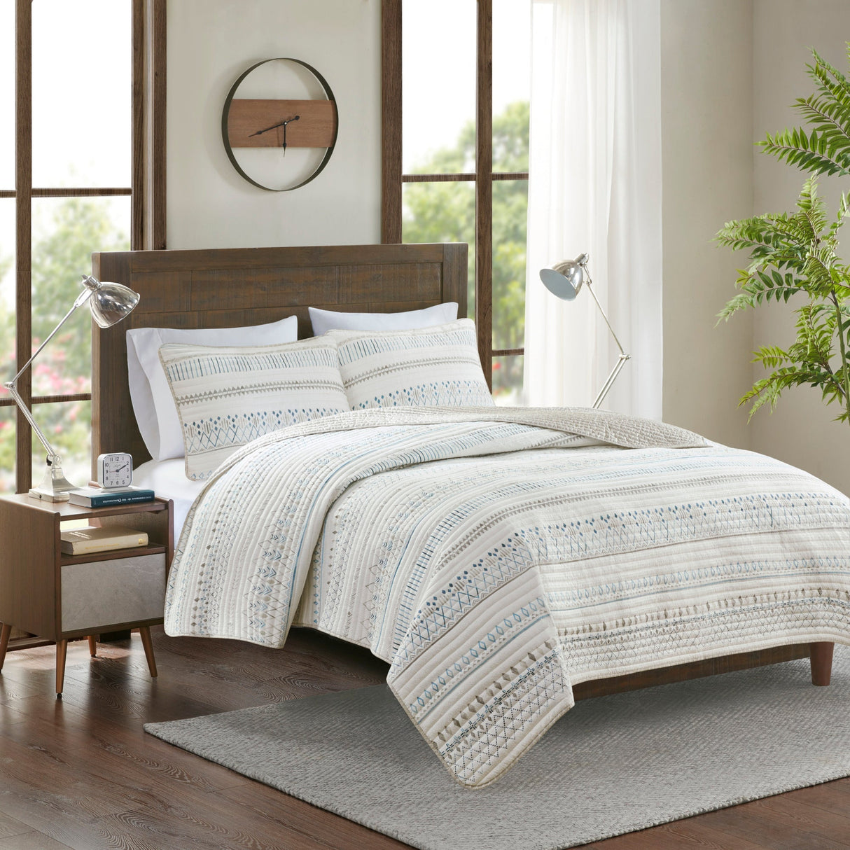 3 Piece Printed Microfiber Seersucker Quilt Set Taupe/Blue Full/Queen
