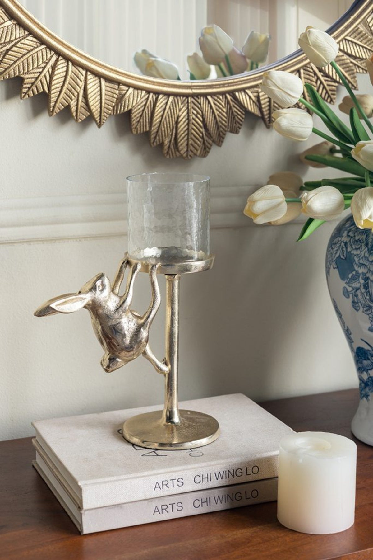 Gold Rabbit Pillar Candle Holder with Clear Glass Hurricane Shade