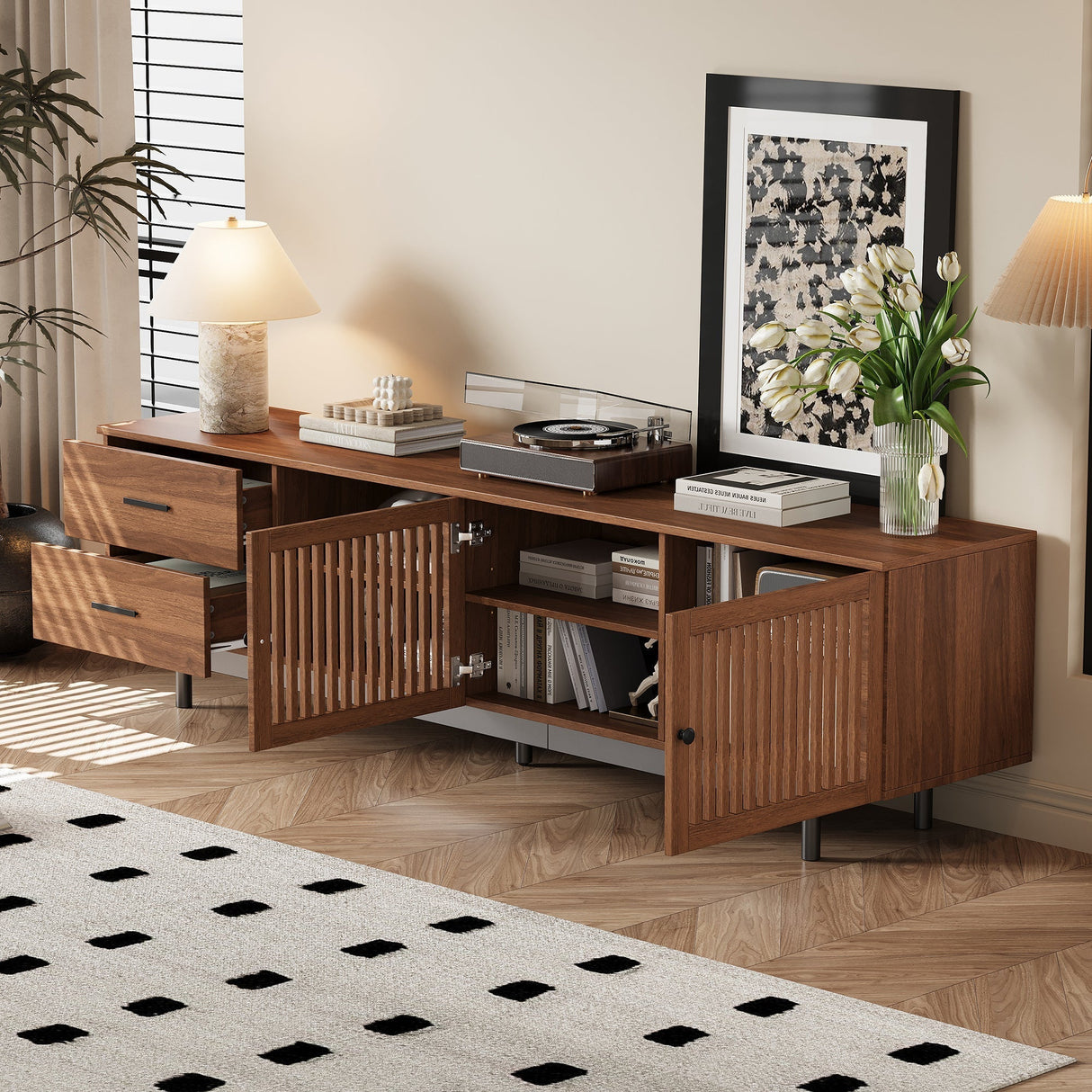 78 inch Modern TV Stand for TVs up to 85 inchesEntertainment Center with Deep Drawers & Cable ManagementSoft-Closing HingesSolid Wood Legs in Walnut Finish