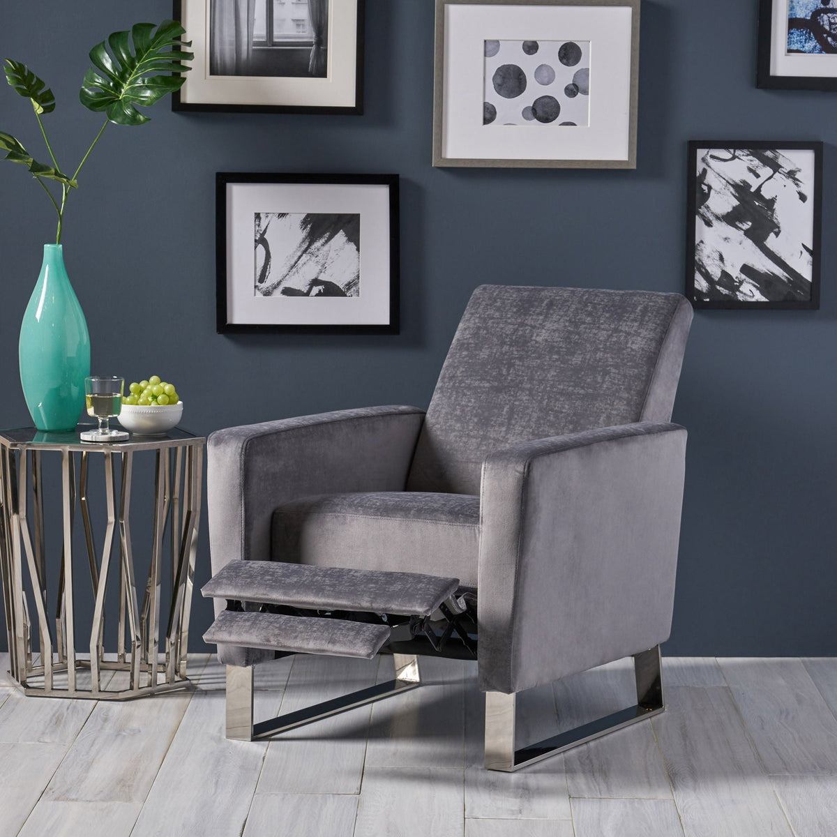 Bolt - Upholstered Recliner Chair With Stainless Steel Base - Gray / Chrome