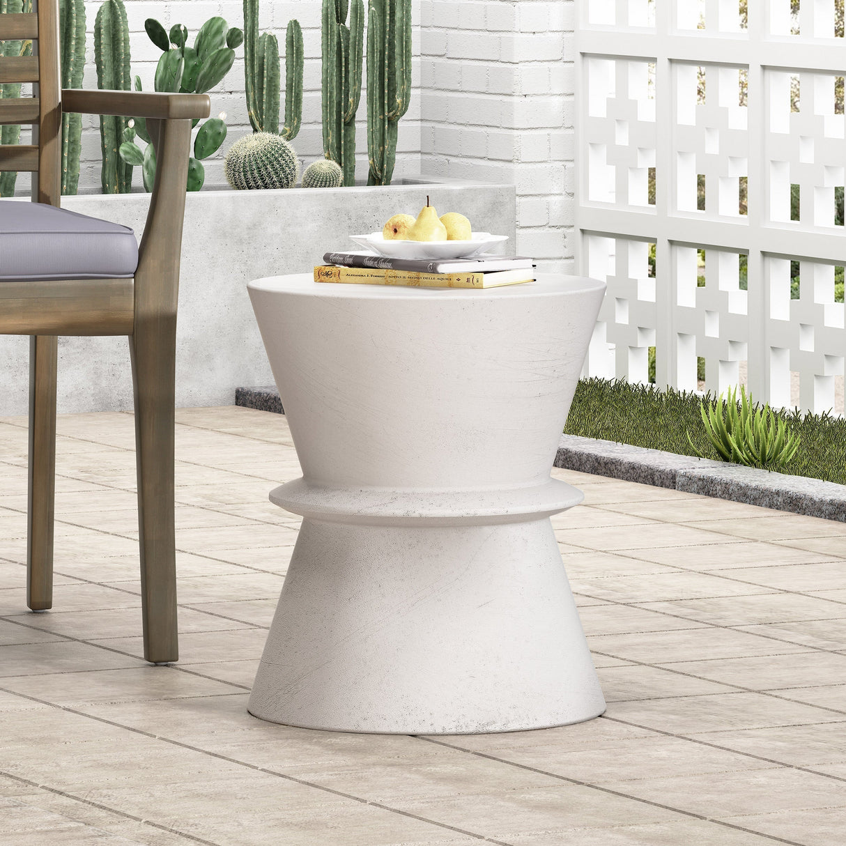 Outdoor Lightweight Concrete End Table with Hourglass Structure, Antique White