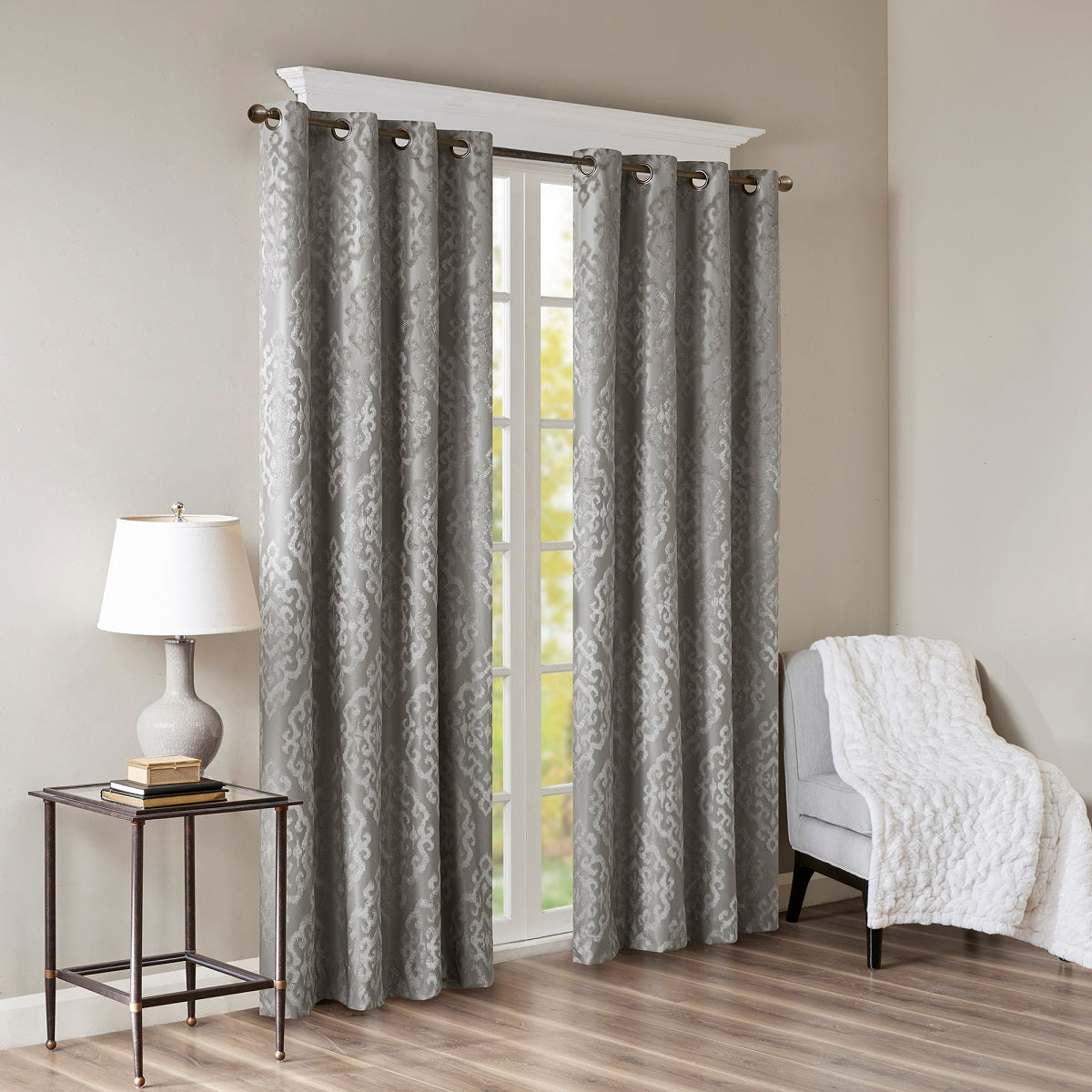 Knitted Jacquard Damask Total Blackout Grommet Curtain Panel