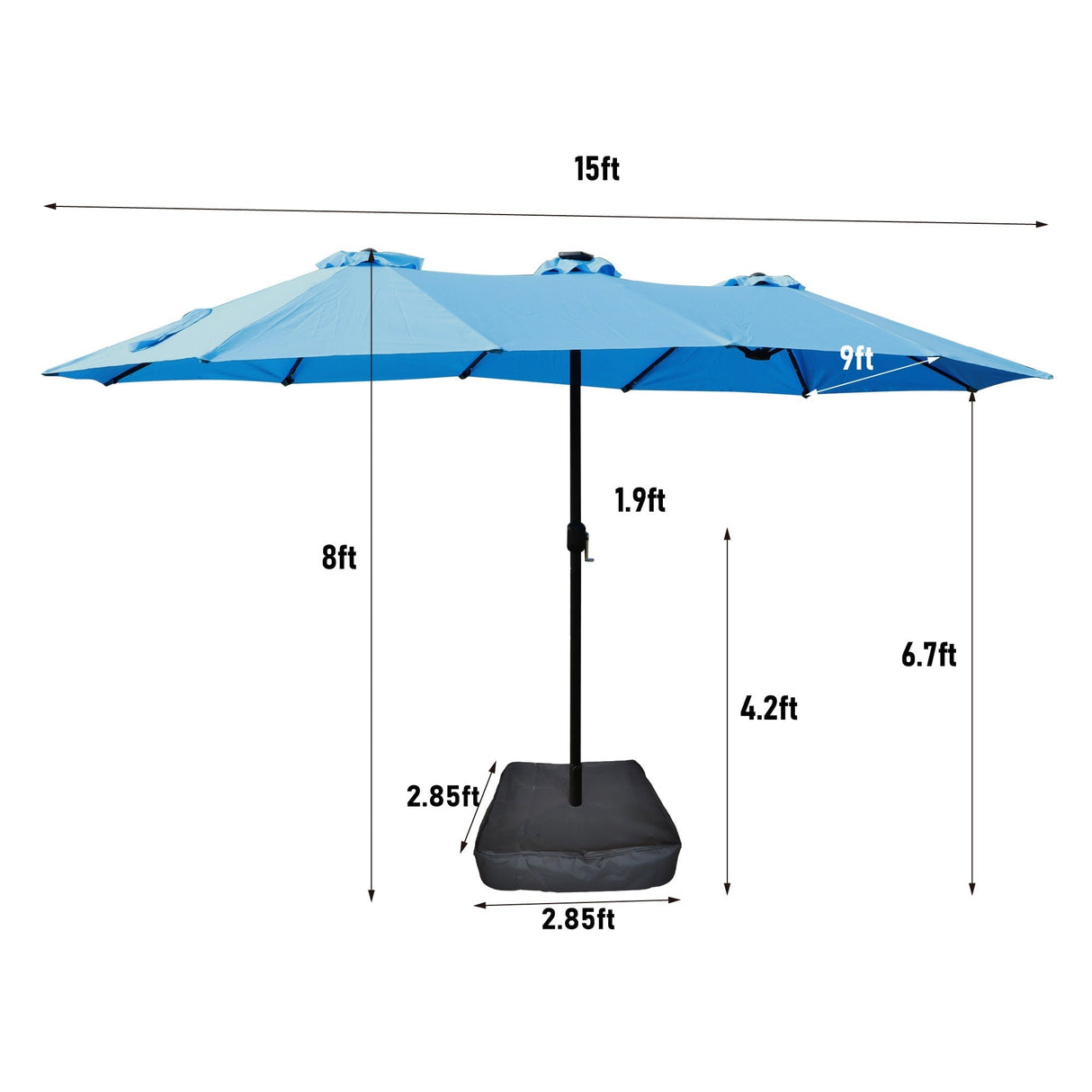 15 x 9 ft Double-Sided Outdoor Market Umbrella with Lights and Base – Blue