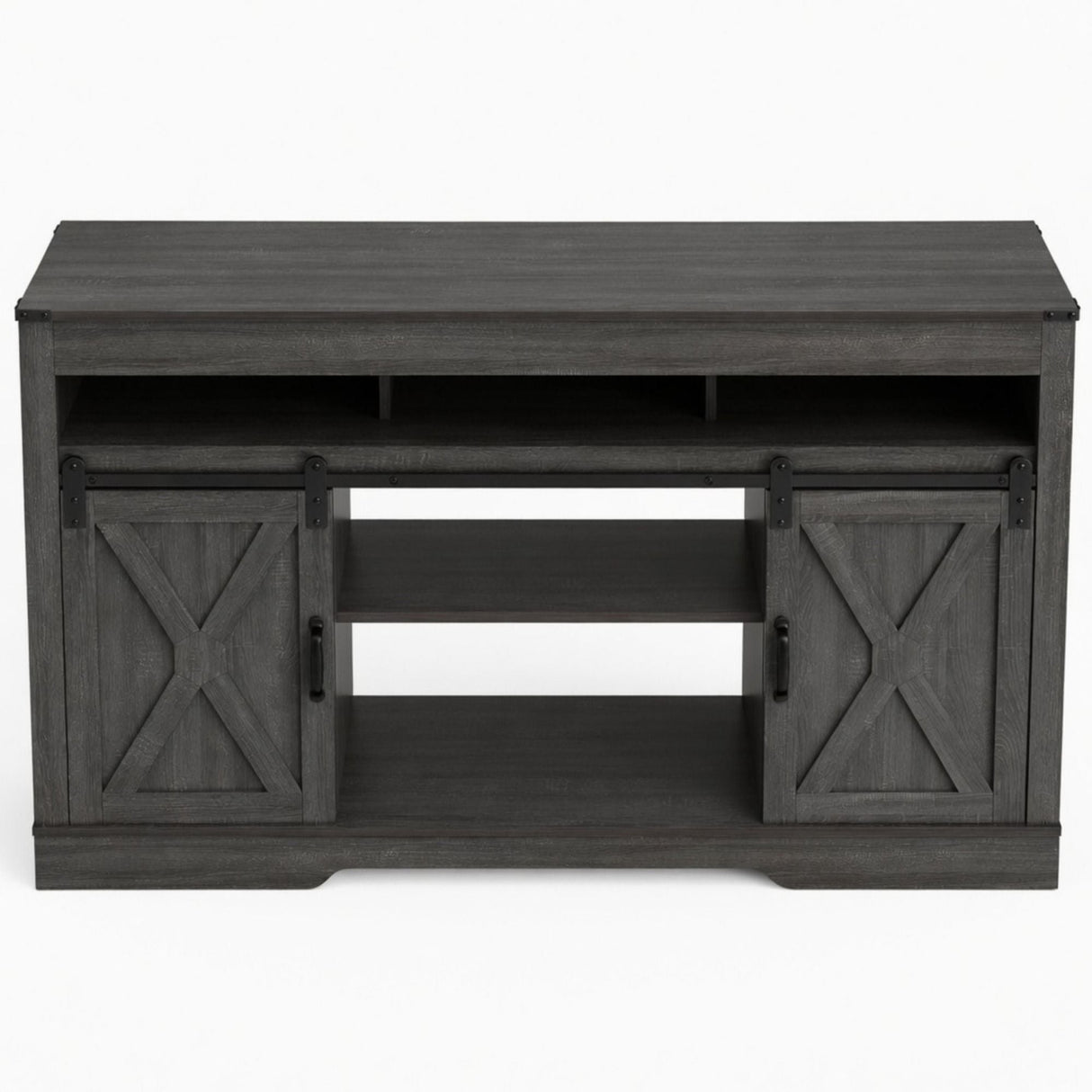 Farmhouse TV Stand With Sliding Barn Doors & Adjustable Storage
