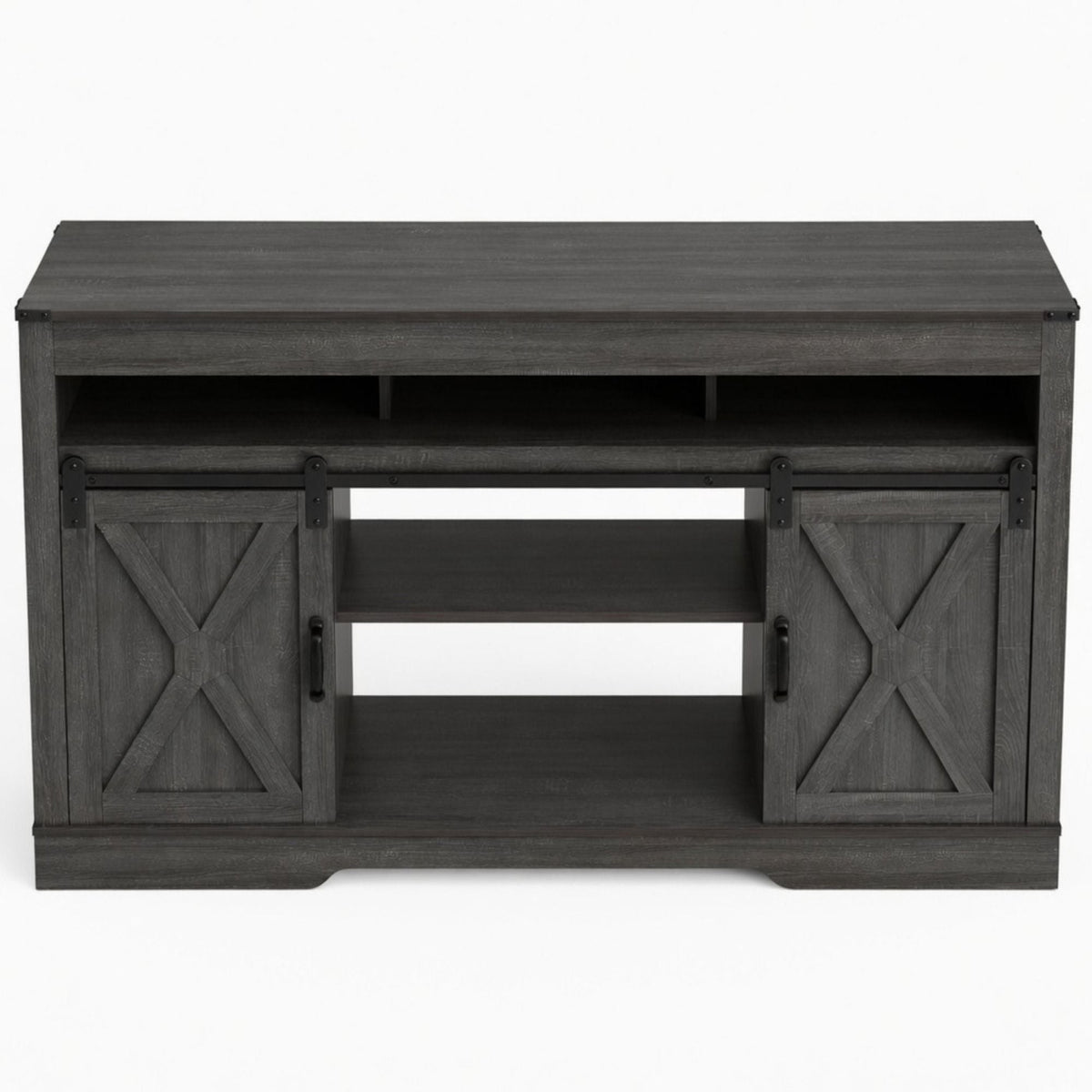 Farmhouse TV Stand With Sliding Barn Doors & Adjustable Storage