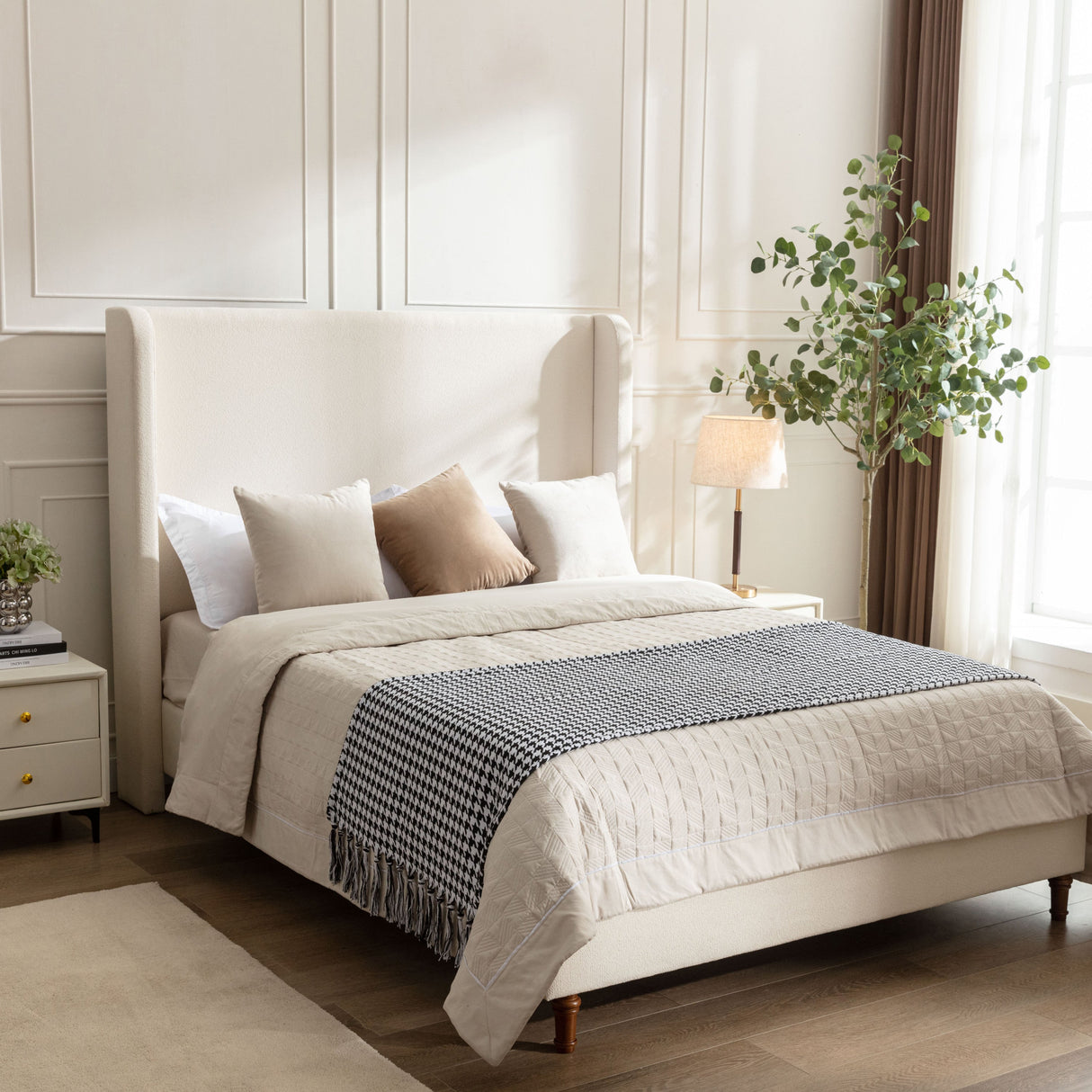 Harper Tall Headboard Upholstered Bed in Ivory Boucle, California King