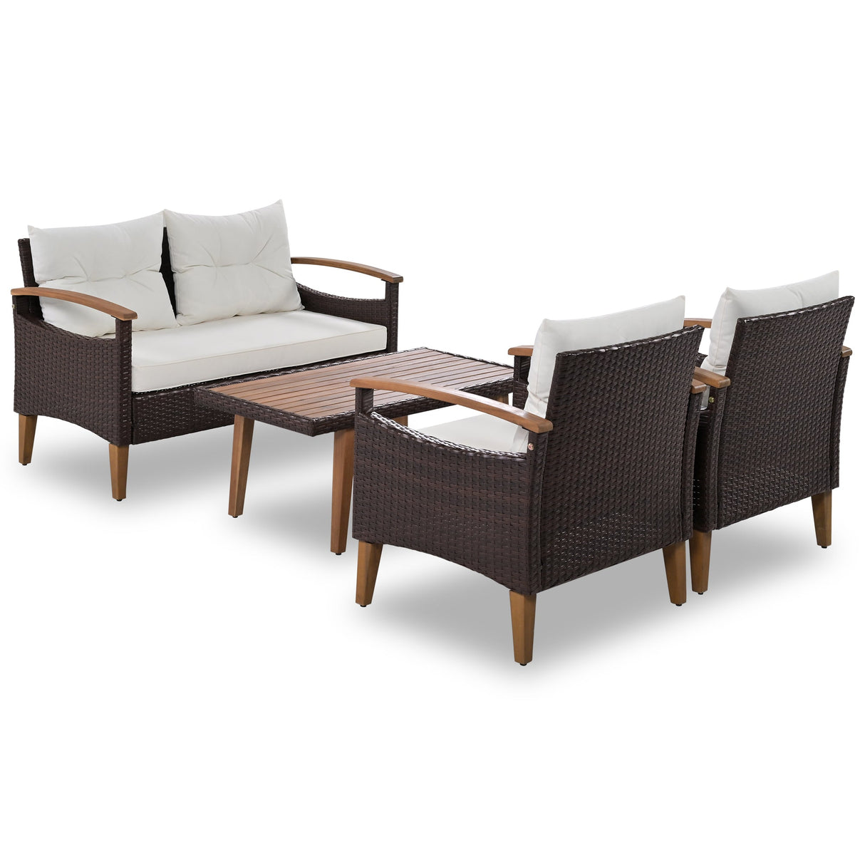 4 Piece PE Rattan Outdoor Sofa Set with Wood Table and Legs