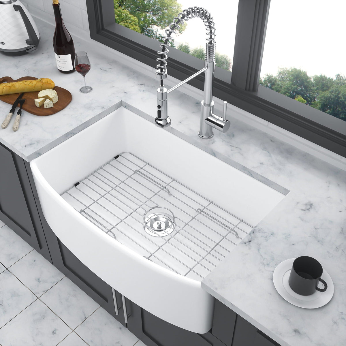 Ceramic Farmhouse Sink Apron Front Single Bowl with Arch Edge - White