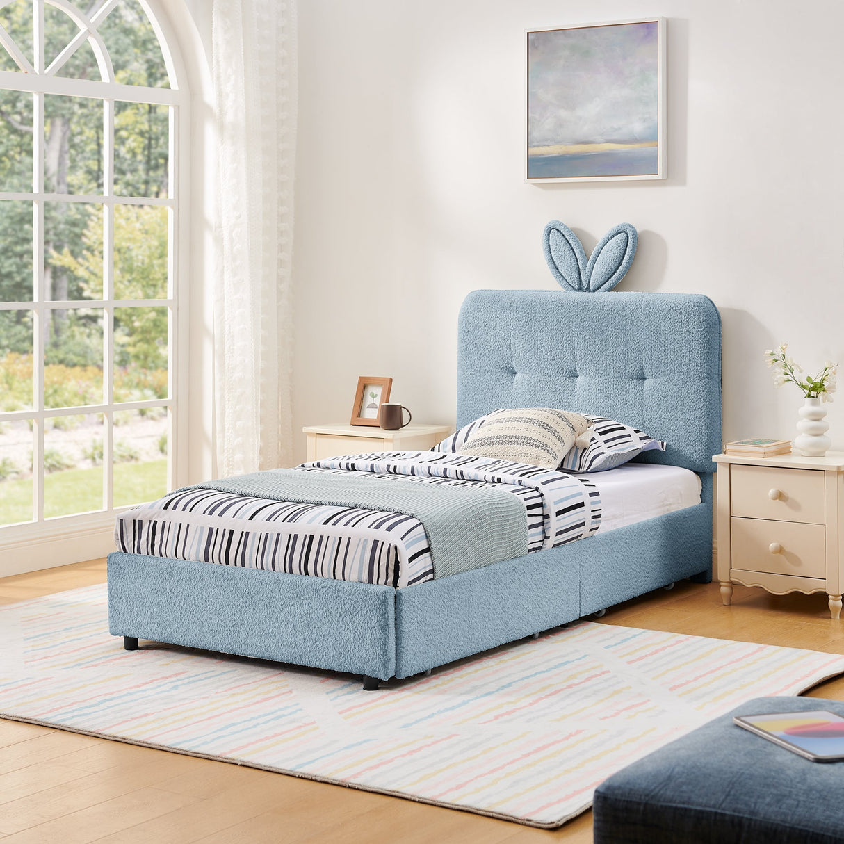 Twin Size Kids Upholstered Bed with Oversized Rabbit Ear Headboard, LED Light & 4 Storage Drawers, Boucle Fabric (79.5''X40.75''X41'')