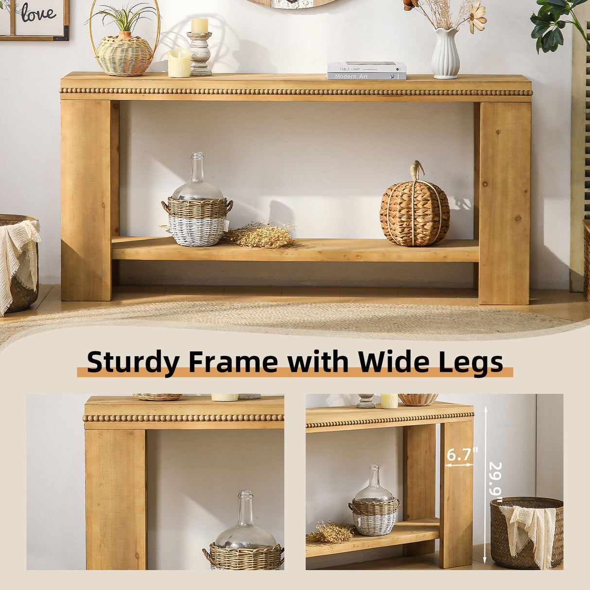 63" Boho Console Table with Storage Shelf – Rustic Farmhouse Sofa Table