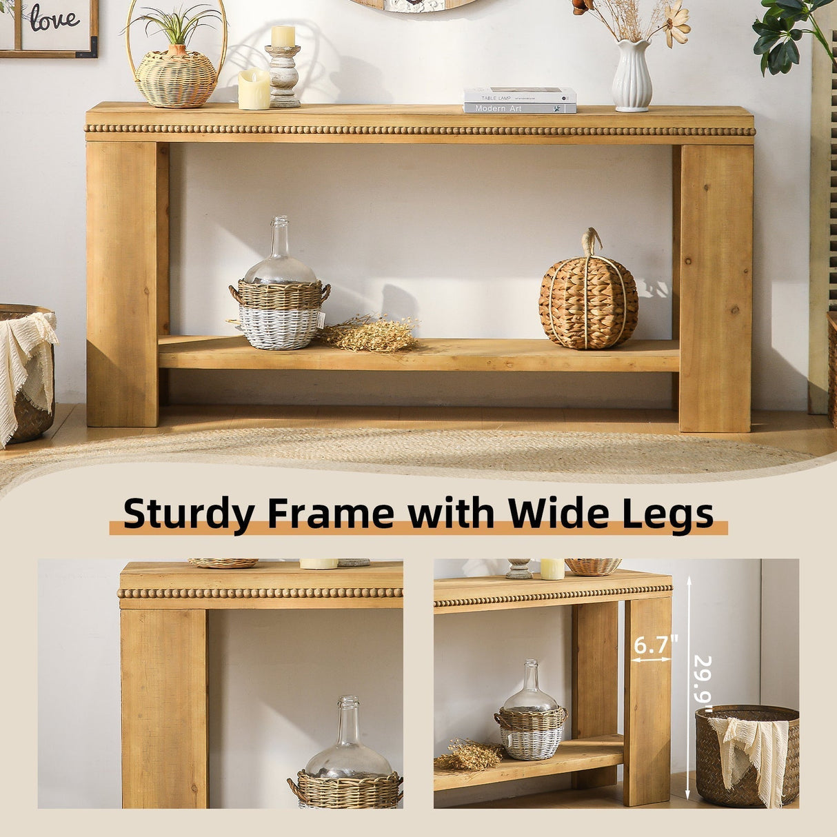 63" Boho Console Table with Storage Shelf – Rustic Farmhouse Sofa Table