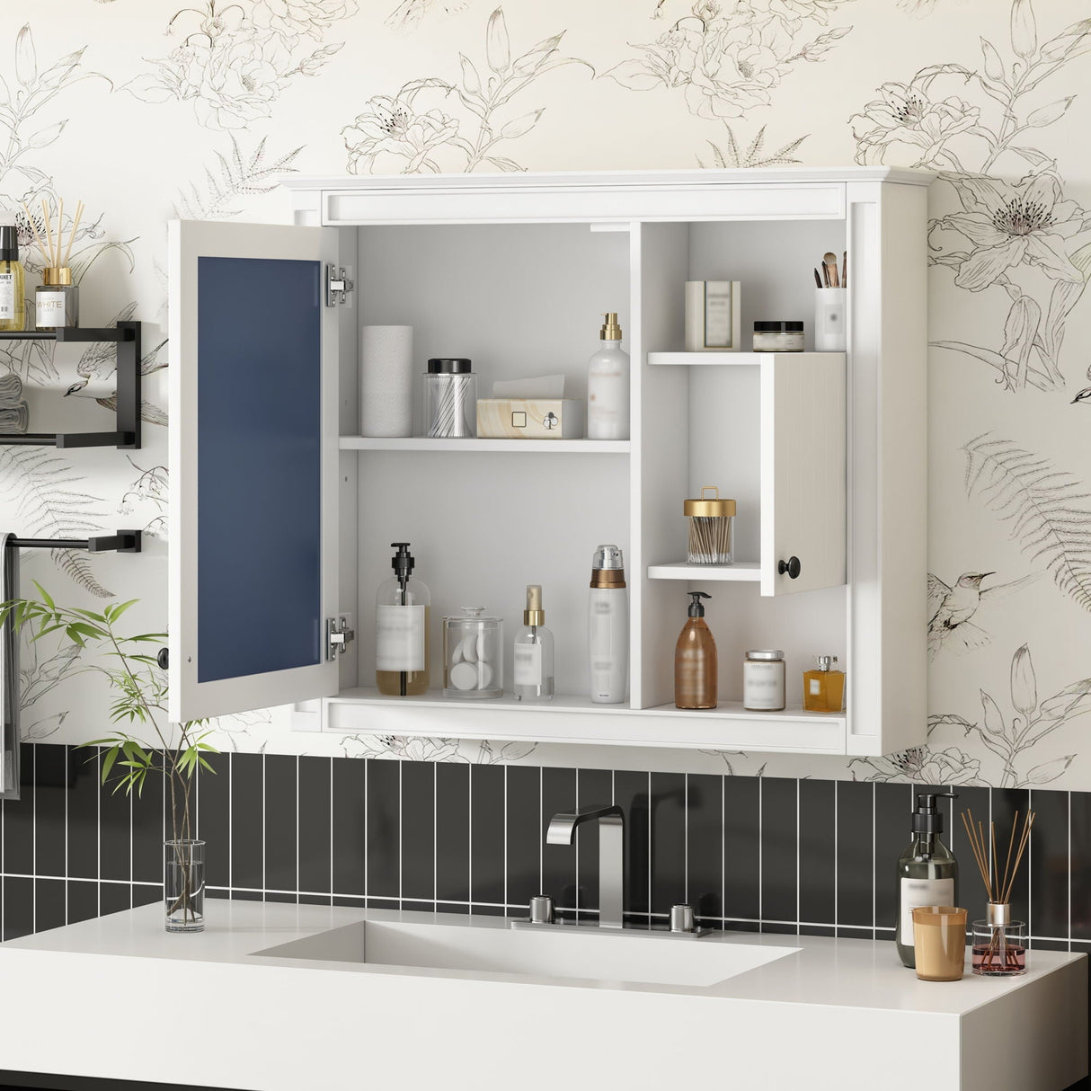 Wall-Mounted Bathroom Cabinet With Mirror and 3 Shelves - White
