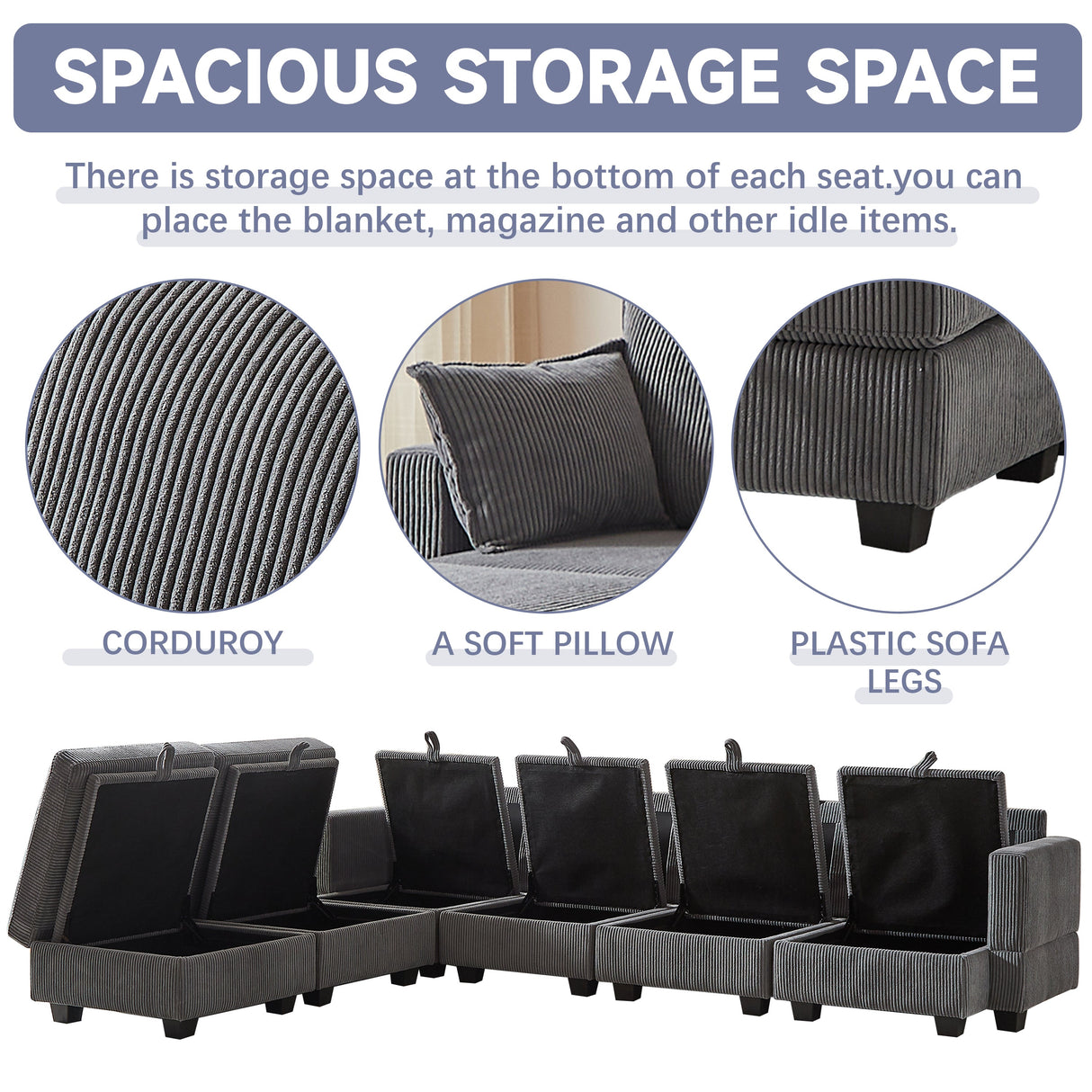 113.5'' Modular Sectional Corduroy Sofa with Storage Ottoman