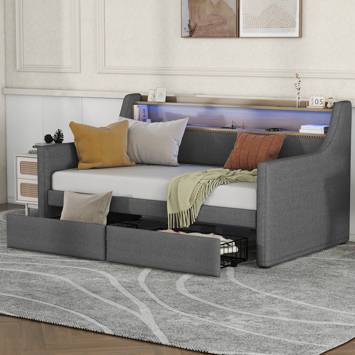 Twin Size Linen Upholstered Daybed with Storage Drawers and LED Lights