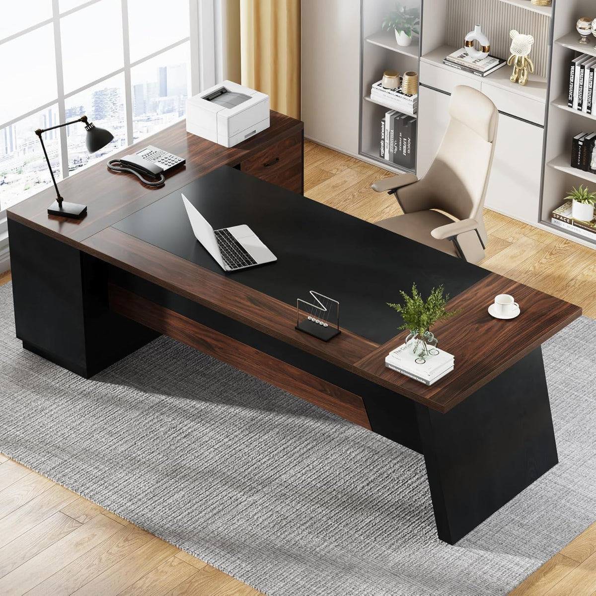 L-Shaped Executive Desk With File Cabinet & Drawers, Large Home Office Computer Workstation