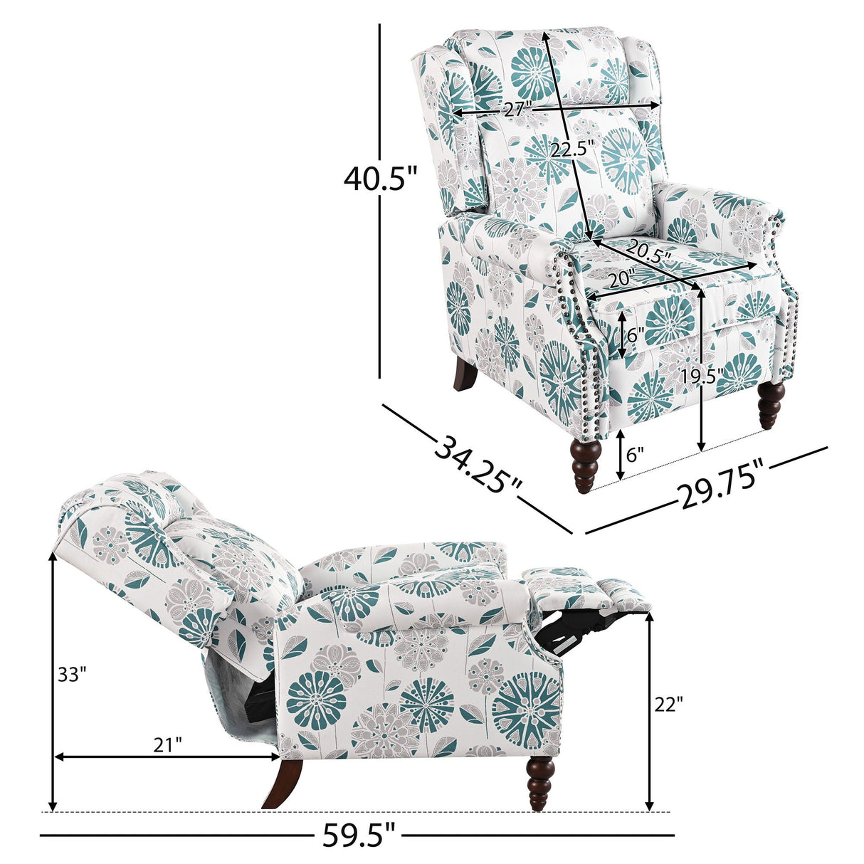 Push Back Recliner Chair Upholstered With Classic Wing Back And Solid Gourd-Shaped Legs