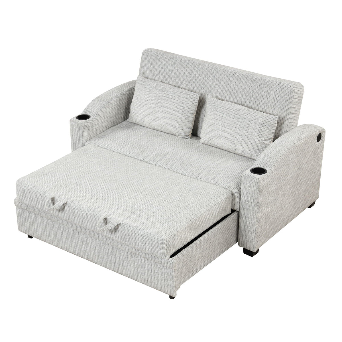 Pull Out Loveseat Sofa With Adjsutable Backrest, 2 Pillows, Cup Holders, USB Ports For Living Room